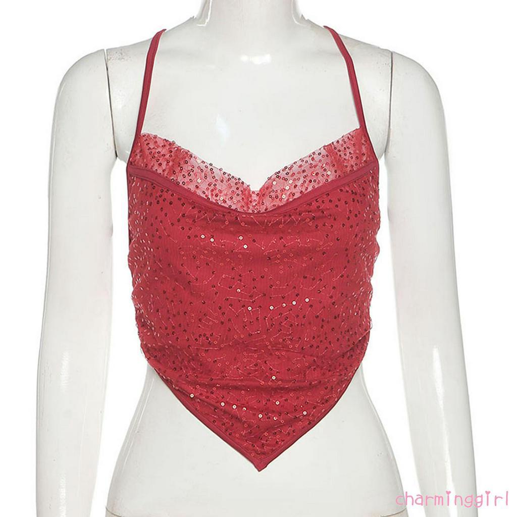 Áo Lửng Hai Dây Đính Sequin Lấp Lánh Phong Cách Quyến Rũ Dành Cho Nữ