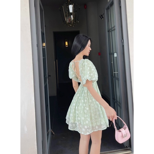 Đầm ren hoa nổi xoè tay phồng đan dây lưng dễ thương Trắng Xanh Đầm váy đi chơi dạo phố du lịch đi biển cute hotgirl tk