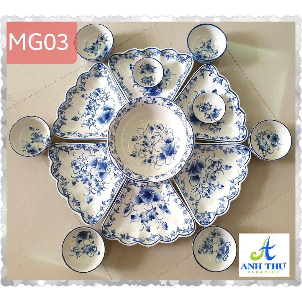 Bộ bát đĩa hoa mặt trời men gốm vẽ hoa màu xanh lam tràm Bát Tràng set bát đĩa hàng chuẩn loại 1 decor bàn ăn dễ thương