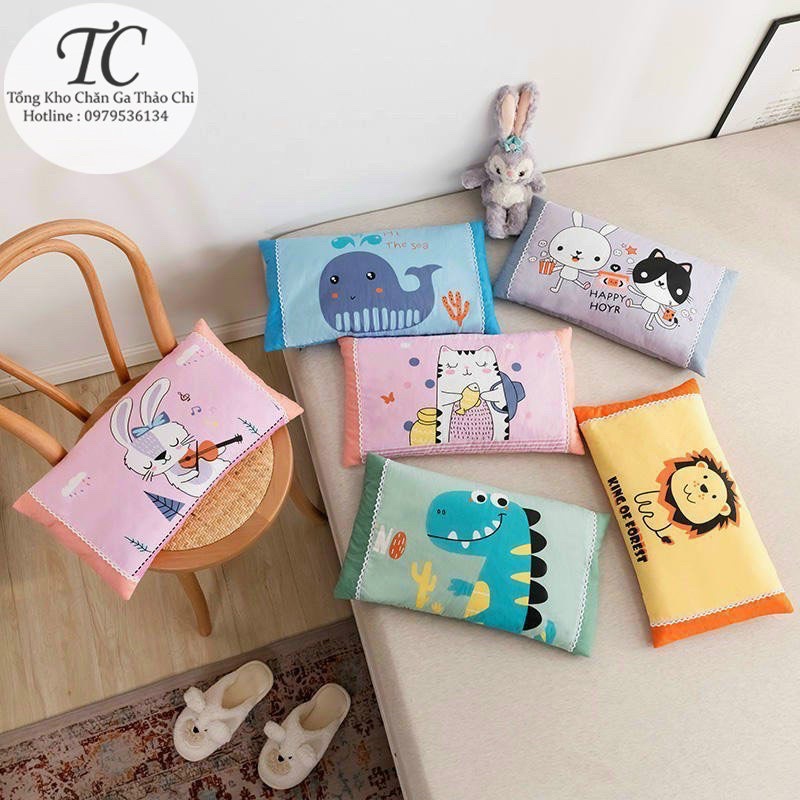 Gối Trẻ Em Cotton 100%- Hoạ Tiết 3D Ngộ Nghĩnh - Kèm Ruột Bông Gạo Trắng Tinh Khiết- Mềm Mại- Viền Ren