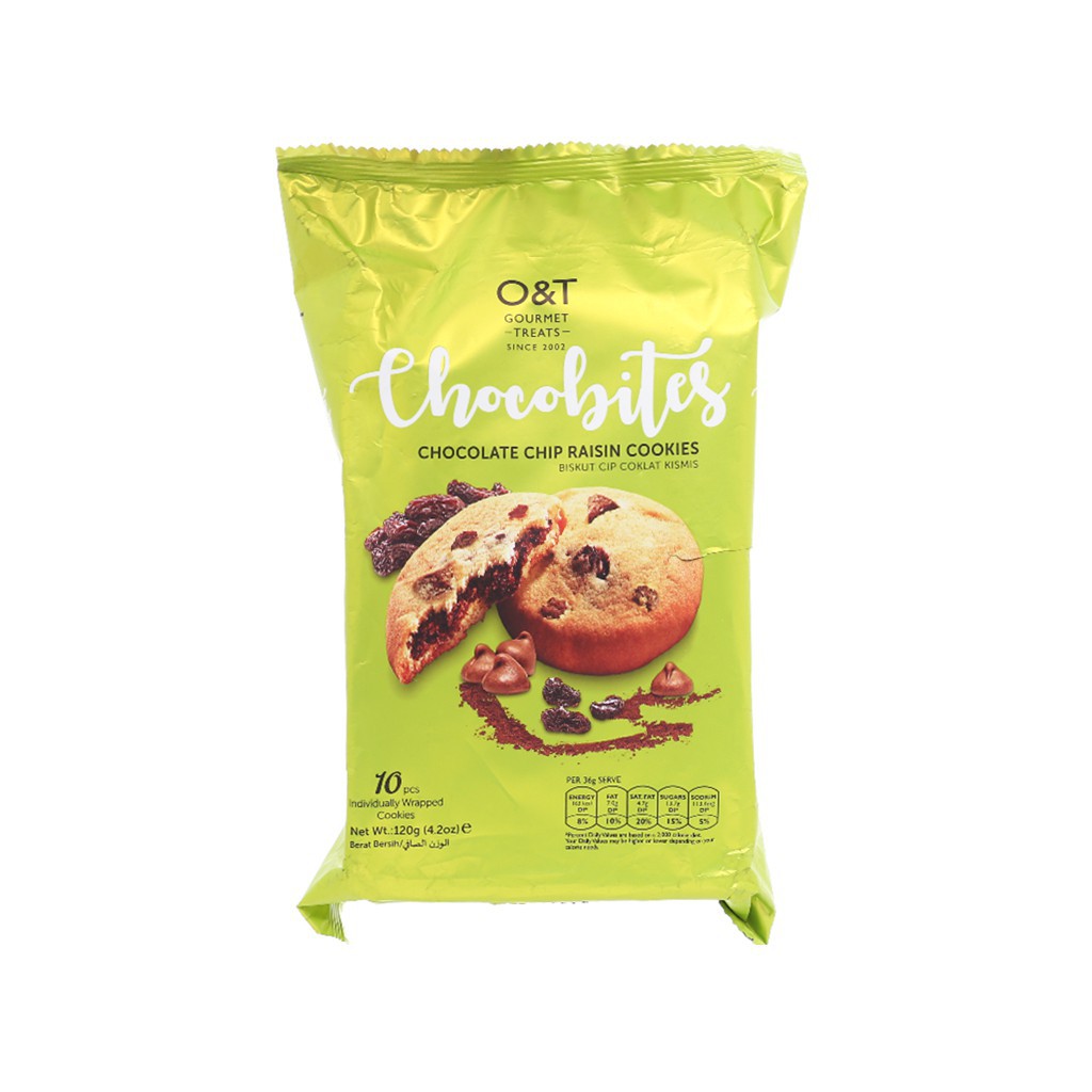 Bánh quy socola chip và nho khô O&T Chocobites gói 120g