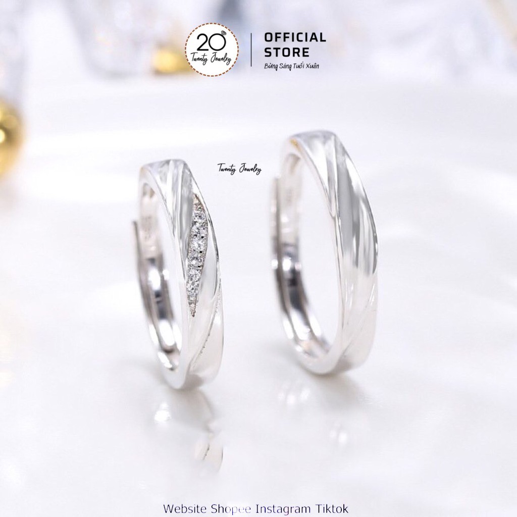 [Freeship] Nhẫn Đôi Xoắn Thừng Đính Đá Bạc 925 NDVAC005 Twenty Silver. Nhân Đôi Bạc Tình Yêu