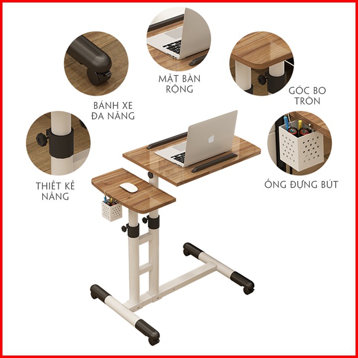Bàn Laptop di động khung thép cao cấp điều chỉnh chiều cao, điều chỉnh mặt nghiêng có bánh xe, Bàn làm việc đa năng
