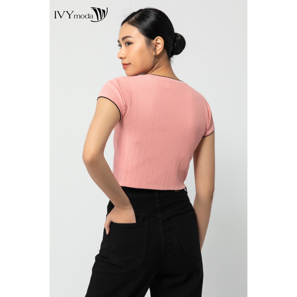 [NHẬP WABRTL5 GIẢM 10% TỐI ĐA 50K ĐH 250K ]Áo len croptop nữ viền màu IVY moda MS 77B8041