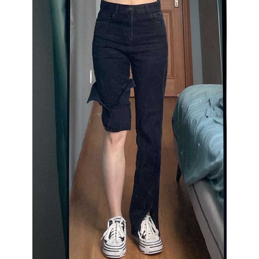 Quần Jeans Đen Lưng Cao Ống Rộng Cho Nữ