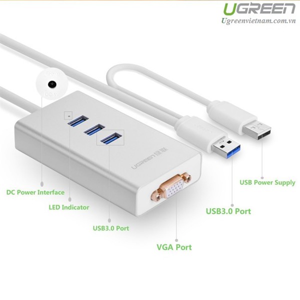 [Mã SKAMA07 giảm 8% đơn 250k]Cáp USB 3.0 To VGA Và 3 Cổng USB 3.0 Ugreen 40256 - Hàng Chính Hãng