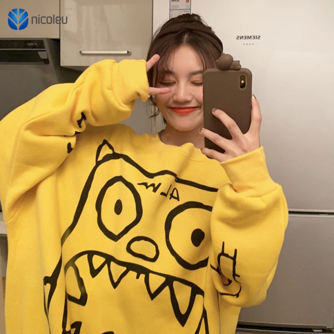 Nicoleu |  Women Loose Graffiti Cartoon Fleece Lined Pullover Jacket for Casual Campus in Autumn Winter