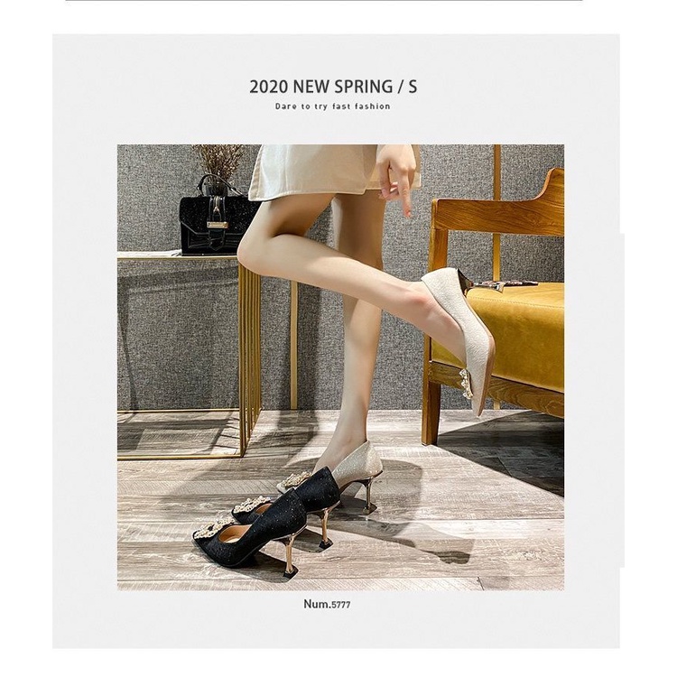 Giày Cao Gót Mũi Nhọn Đính Kim Sa Lấp Lánh Thời Trang Xuân Thu Hàng Mới Phong Cách Pháp 2022 Cho Nữ