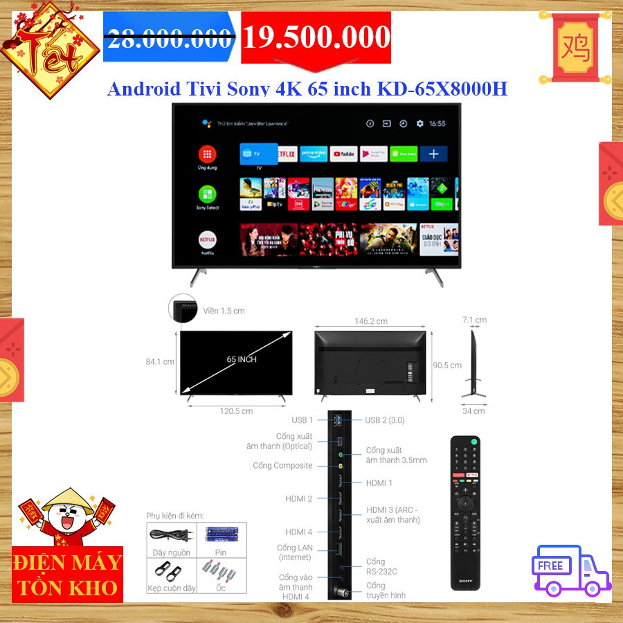 Android Tivi Sony 4K 65 inch KD-65X8000H Mới 2020