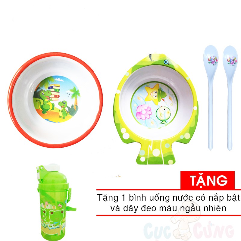 Tô trẻ em in hình bằng nhựa  - 711 + Tô trẻ em in hình cá bằng nhựa - 36 + 2 muỗng ăn dặm cán dài TẶNG bình uống nước