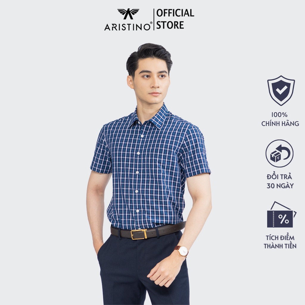 Áo sơ mi nam ngắn tay ARISTINO họa tiết kẻ ô xanh trắng lịch lãm, chất liệu Bamboo thoáng mát - ASS312S2