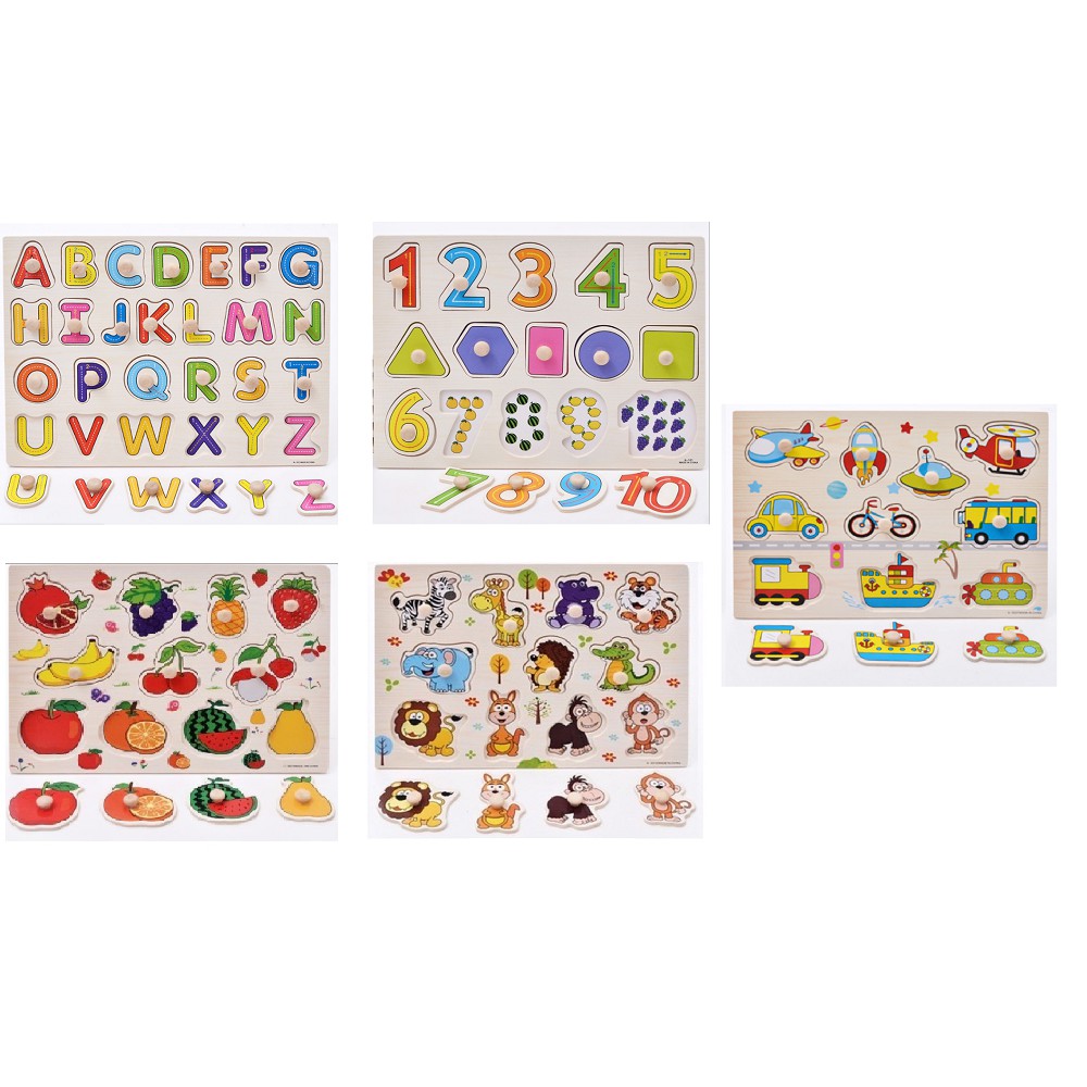 Combo 5 bảng núm gỗ lắp ghép hàng loại 1 gồm bảng chữ, số, giao thông, thú rừng, hoa quả