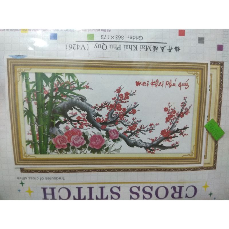 Tranh thêu chữ thập mai khai phú quý