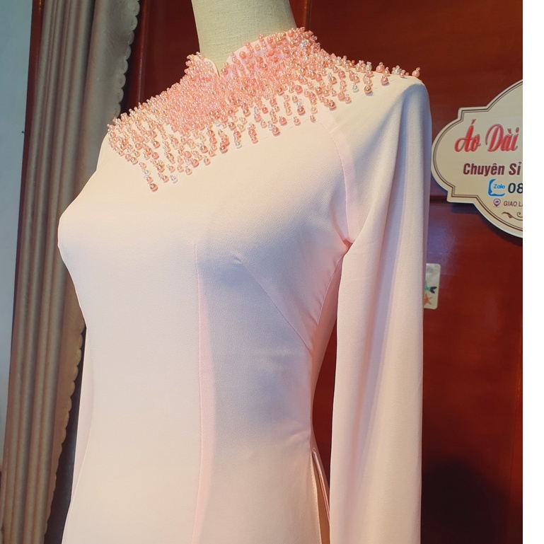 Áo dài Lụa chiphong 4 tà  hồng  Kết hạt  Áo Dài may sẵn cao cấp