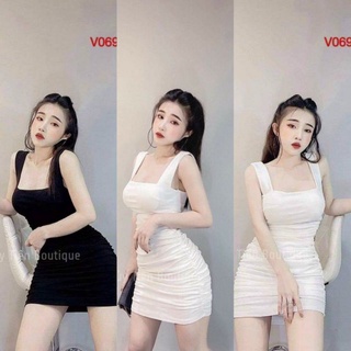 Đầm body dây to bản nhún 2 màu siêu xinh
