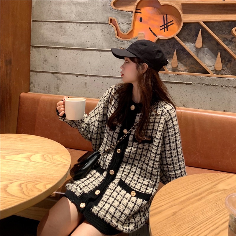 Áo Khoác Len Cardigan Kẻ Caro Viền Cực Xinh
