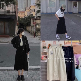 Chân váy kaki viền chỉ nổi xẻ sau dáng dài