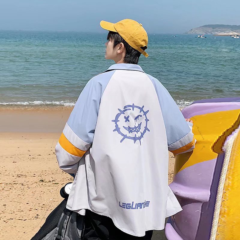 Áo sơ mi tay dài dáng rộng in hình thời trang Nhật Bản sành điệu cỡ M-3XL cho nam