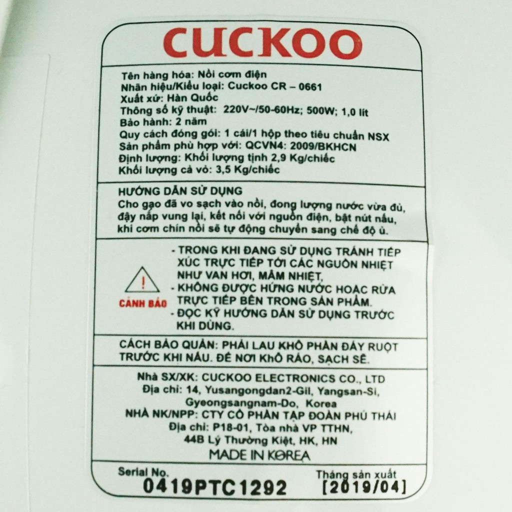 [Mã ELHADEV giảm 4% đơn 300K] Nồi cơm điện Cuckoo CR-0661 1 lít - Hàng chính hãng