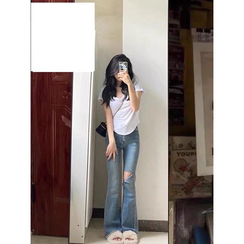 Quần jean ống loe rách xẻ nữ có BIGSIZE - quần bò denim  ống loe nữ cạp cao co dãn siêu hack chân phong cách ulzzang