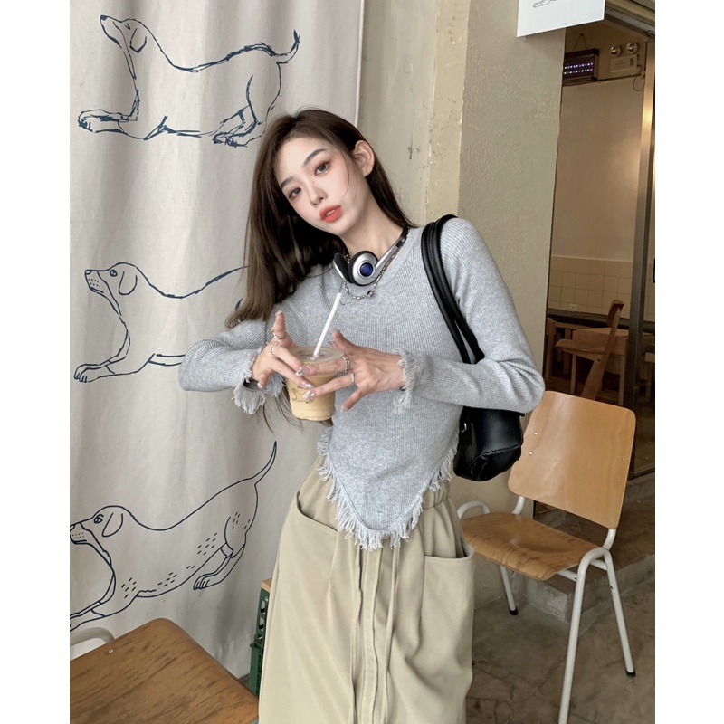 Porozi  Áo sweater dệt kim  tay dài màu đen phong cách Hàn Quốc thời trang cho nữ