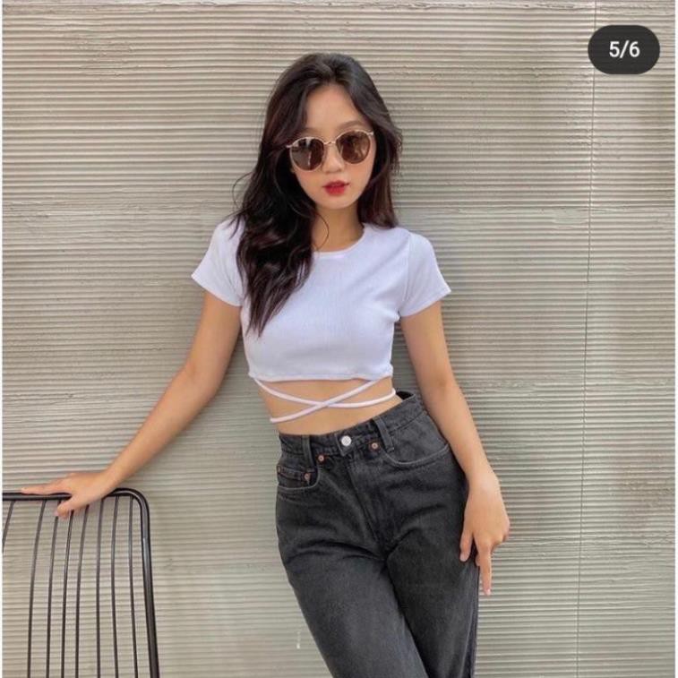 Áo thun croptop cổ tròn trơn kiểu cột dây eo cực xinh , chất thun bozip mềm mịn mát