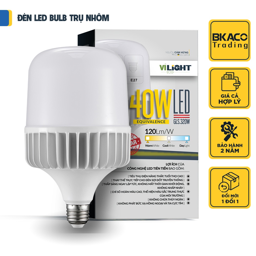 Bóng đèn Led Bulb 40W thân nhôm VI-LIGHT VLEBL40AL1 công suất lớn, sáng trắng 6500K
