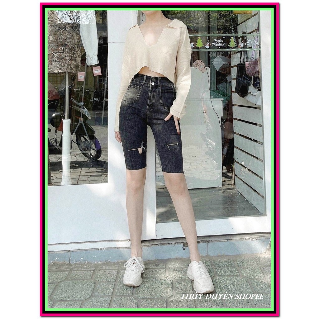 Quần jean LỬNG HAI TÚI BẦU 2 CÚC PHỐI RÁCH màu xám đen chất jean giãn tốt siêu đẹp m04