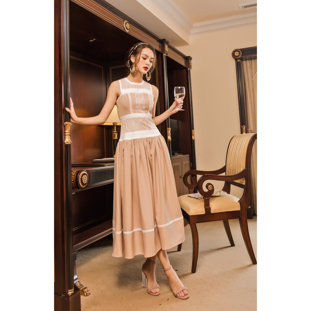 [Mã SKAMSALEP6 giảm 10% tối đa 100K đơn 150K] SÒ VINTAGE - BEVIS Đầm sát nách xòe phối ren