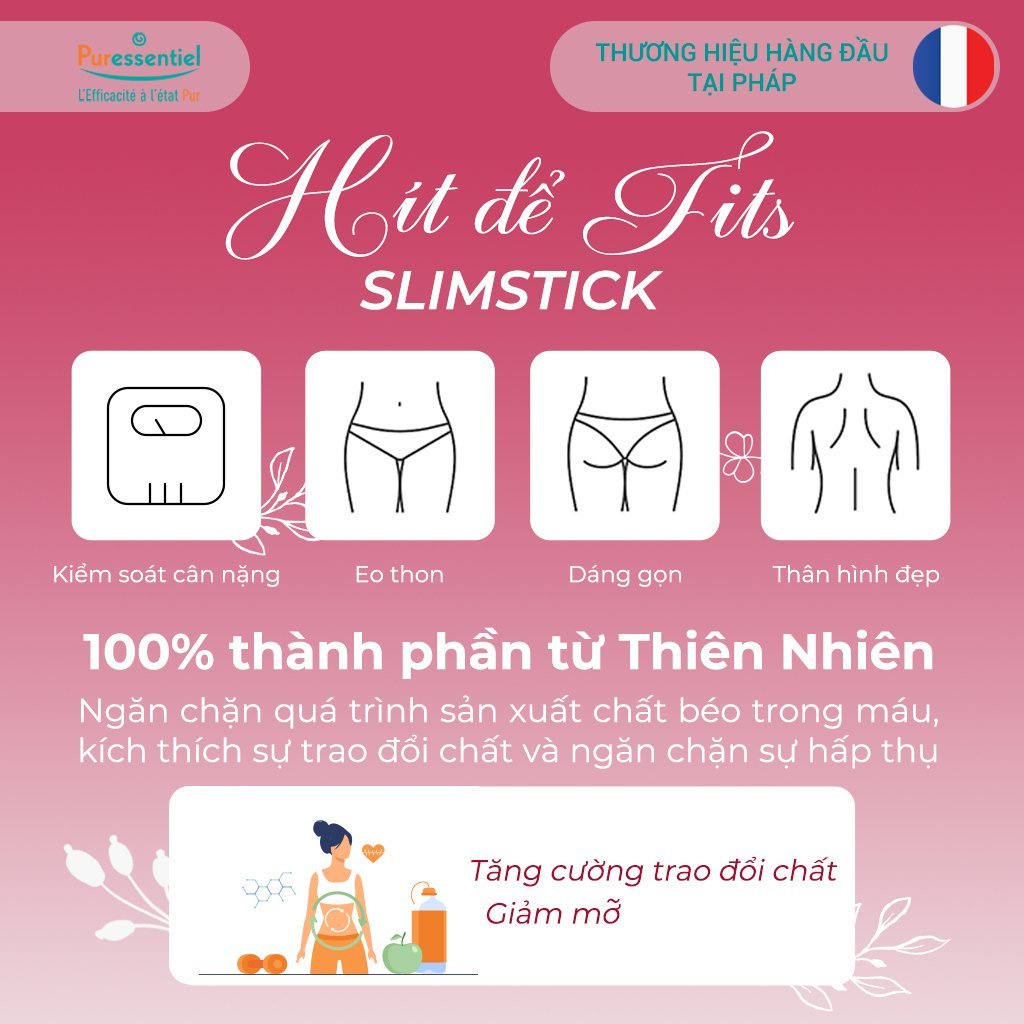 Slimstick thanh hít giảm cảm giác thèm ăn Puressentiel 10ml, hỗ trợ giữ dáng, thành phần tự nhiên, xuất xứ Pháp
