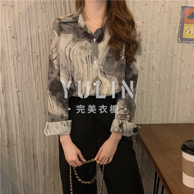 YL Chiffon Shirt With Ink Print Retro Hong Kong Fashion Spring Summer New For Women 2021