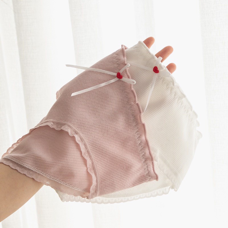 Quần Lót Nữ Cotton Tăm Viền Ren Kháng Khuẩn Tim Phối Nơ Dễ Thương m2380