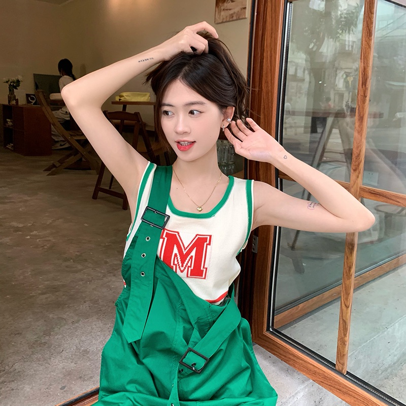 Porozi  Áo croptop hai dây dệt kim  sát nách in chữ thời trang Hàn Quốc cho nữ