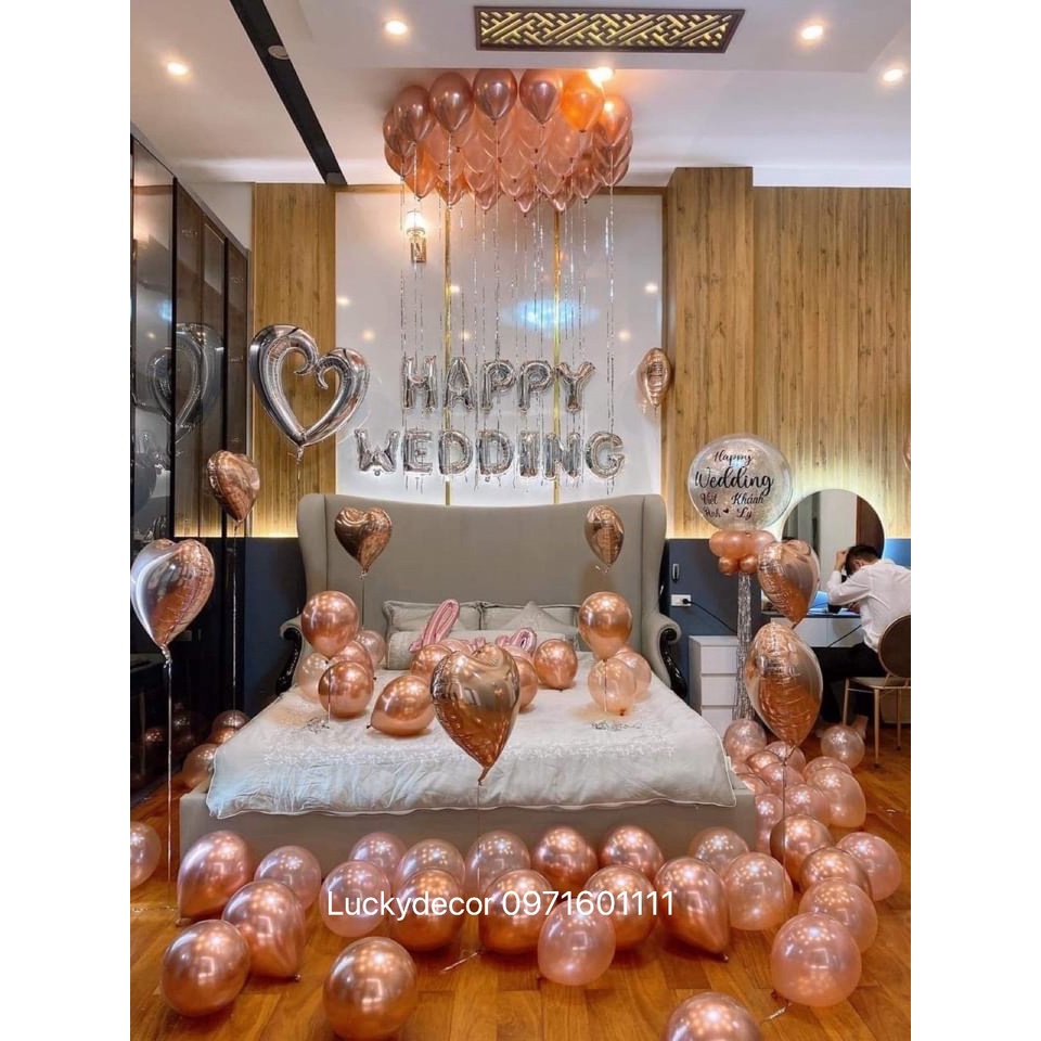 (Kèm bóng to in tên) Set bóng bay trang trí phòng cưới tông rose gold JM01