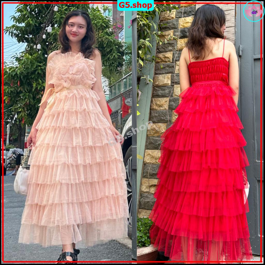Váy Maxi Tầng Lưới tiểu thư voan tơ 2 dây Có Mút Ngực - đầm Nữ trễ vai công chúa phong cách ulzzang hàn quốc G5