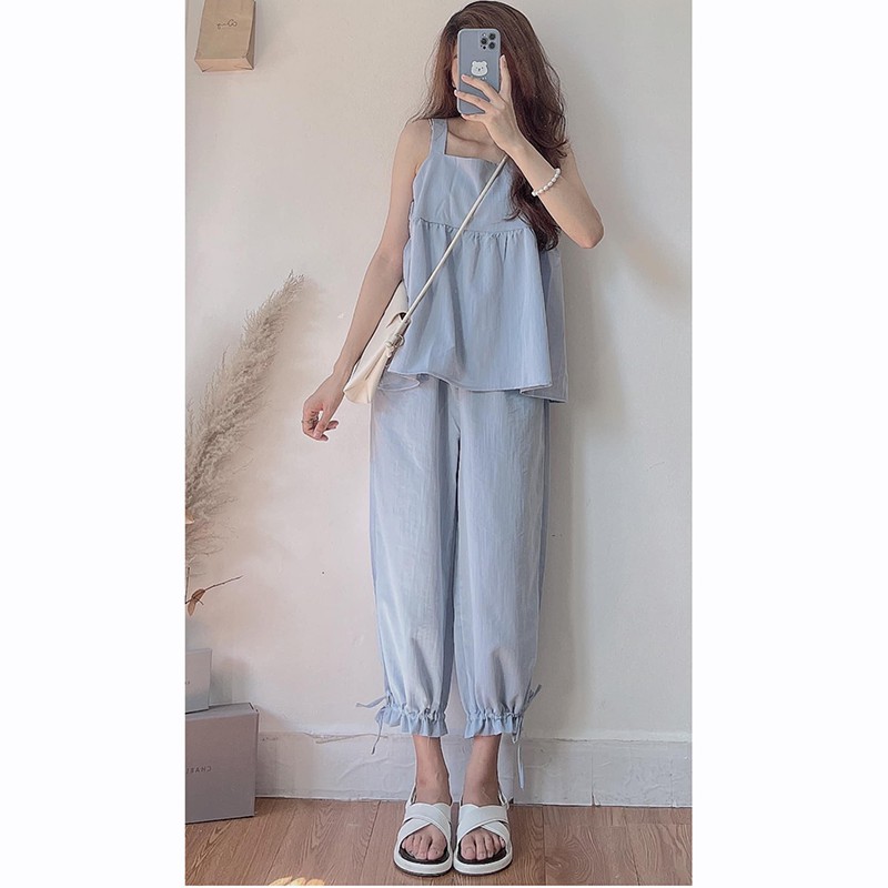 Set đồ nữ quần dài ulzzang rút ống chân kèm áo ba lỗ babydoll 2 dây bản to , Bộ đồ nữ siêu xinh