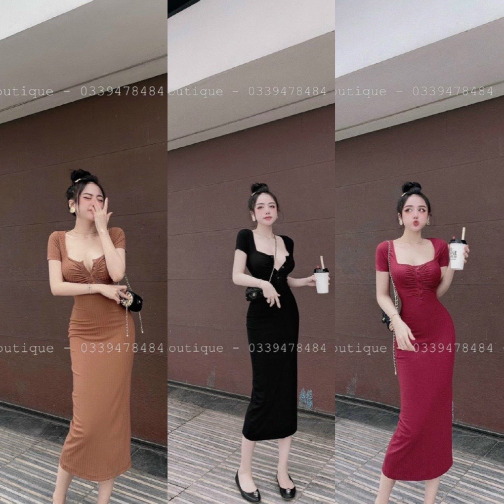 Đầm thun ôm body tay ngắn phối nút ngực dáng dài
