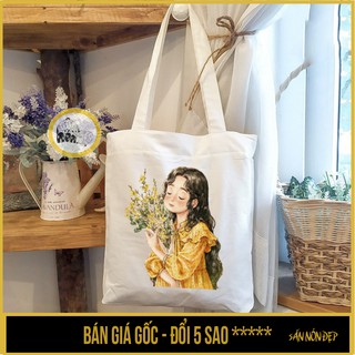 Túi tote VUÔNG - Túi canvas - Túi Vải có khóa kéo in hình cô gái ôm hoa - Túi Mơ To store