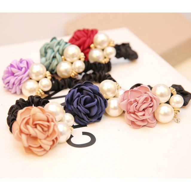 Dây Buộc Tóc vải Handmade Nữ Hàn Quốc Dễ Thương đính ngọc trai, hoa hồng - Phụ kiện, đồ buộc tóc đuôi ngựa