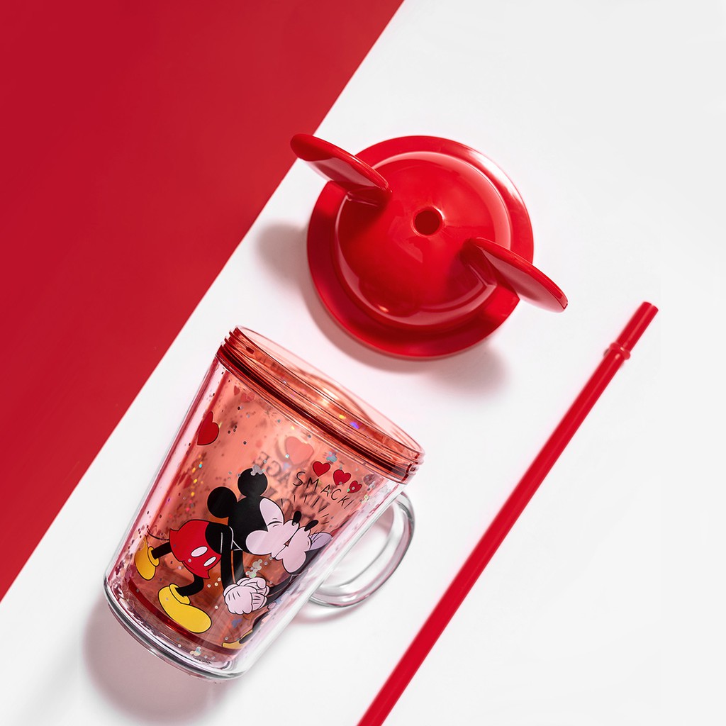 Ly ống hút lấp lánh dòng Mickey có nắp 280mL (hỗn hợp) Miniso