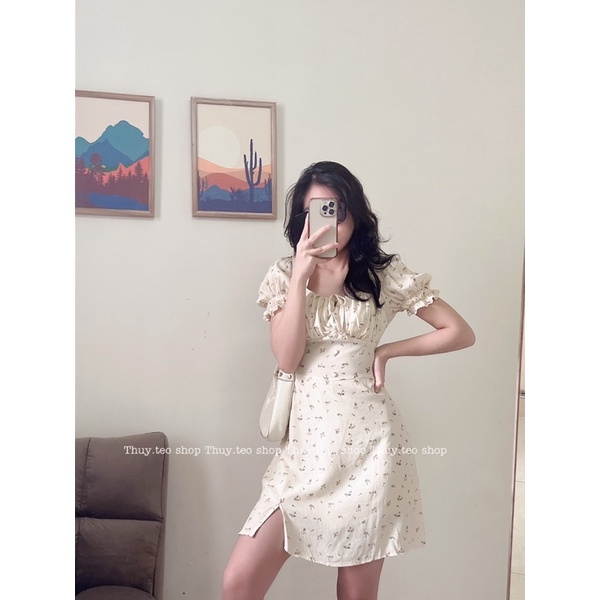 [Hàng mới] VÁY HOA NHÍ CỘC TAY RÚT DÂY XẺ ĐÙI HAI LỚP DÁNG NGẮN | BigBuy360 - bigbuy360.vn