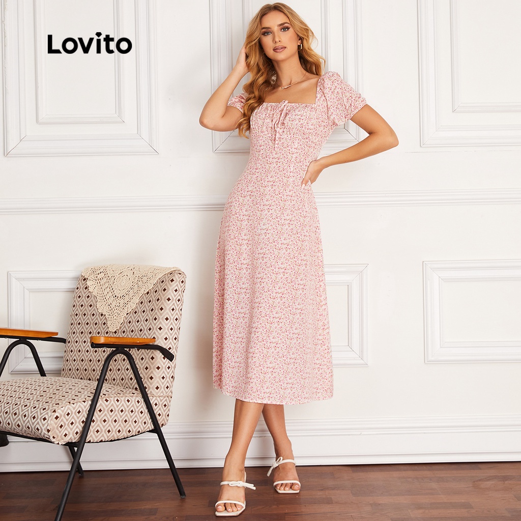 Lovito Đầm Hoa Tay Phồng Cổ Vuông L20D179