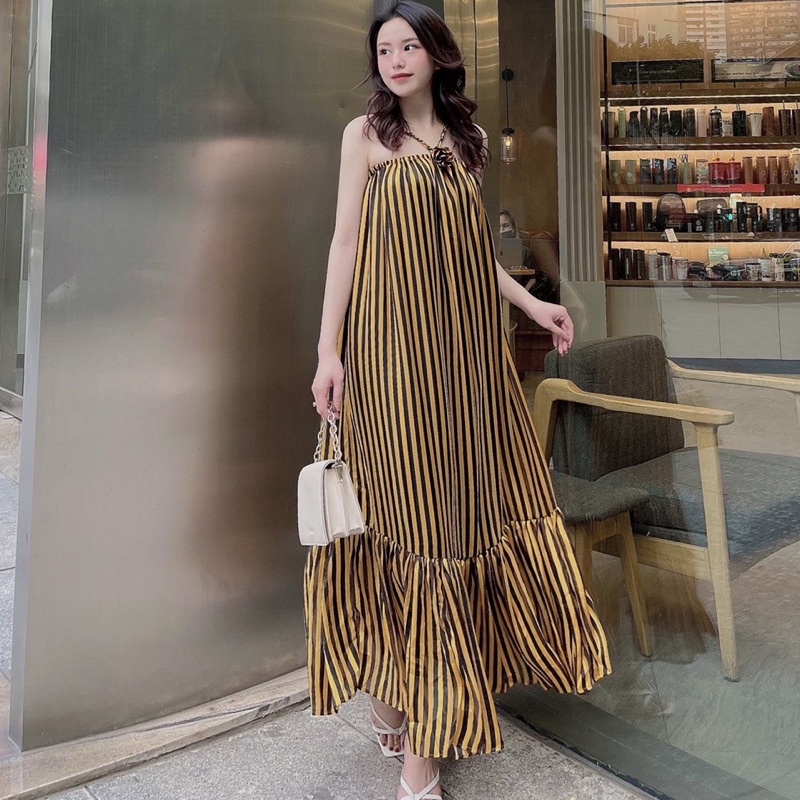 Váy maxi cổ yếm màu vàng sọc dáng suông chân đuôi cá chất lụa siêu xinh dự tiệc và du lịch (tặng kèm dây eo)