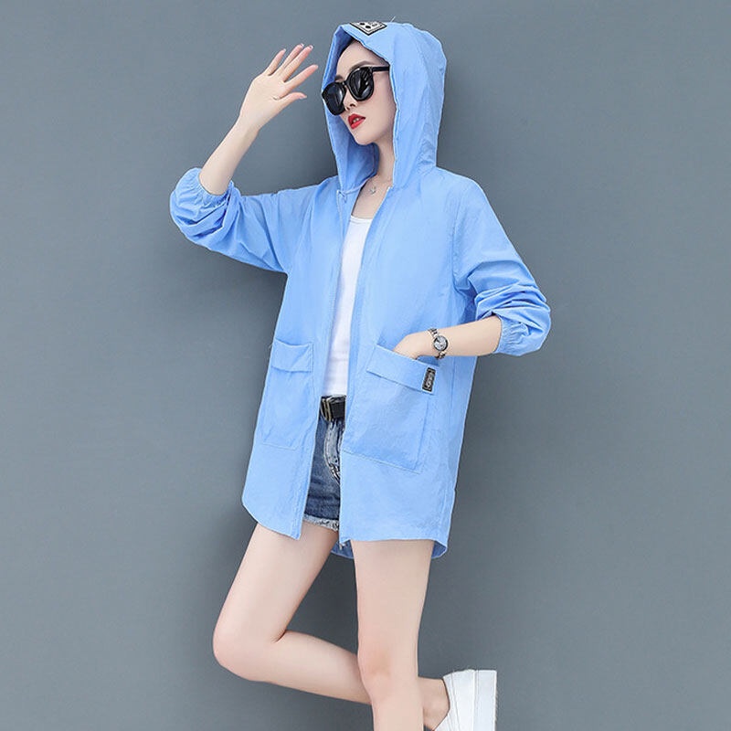 Áo khoác YEYA chống nắng mỏng tay dài màu trơn có khóa kéo dài đến giữa đùi cho nữ