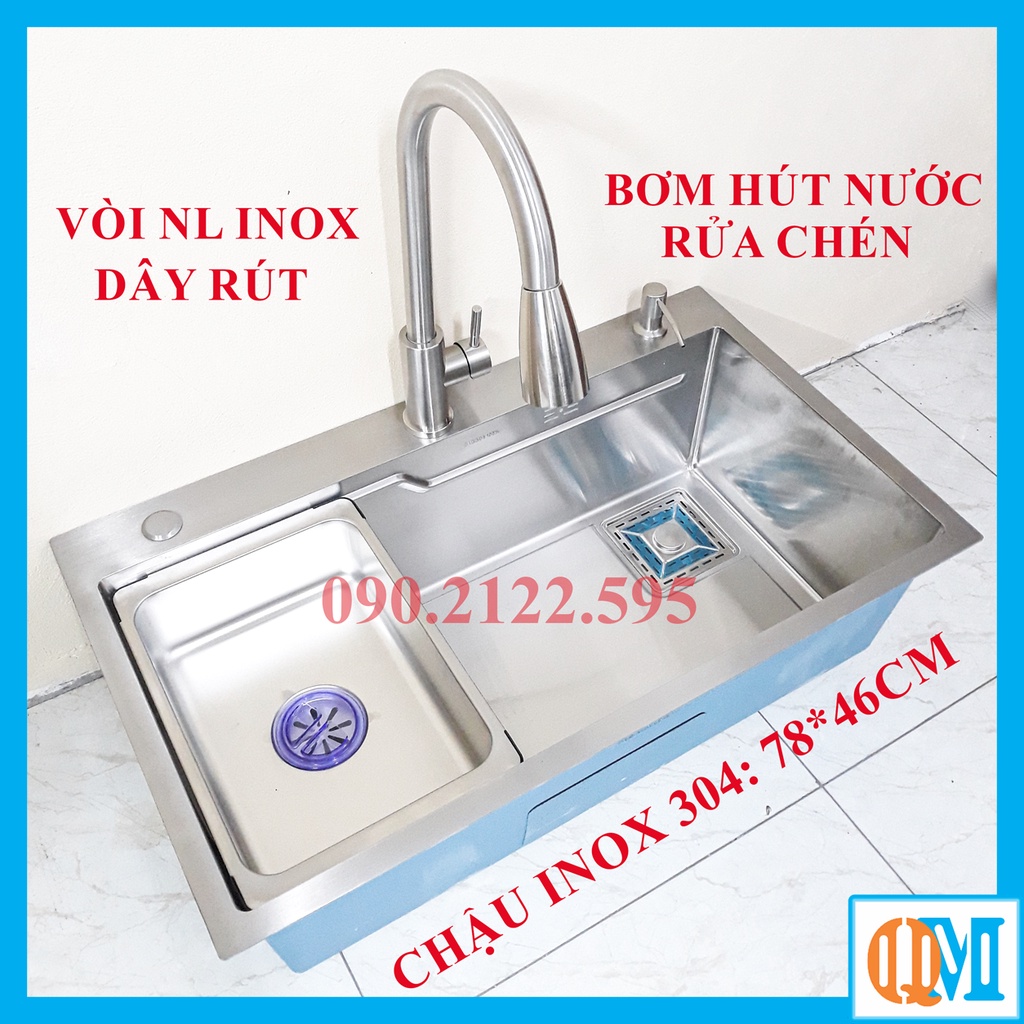 Bộ Chậu rửa chén bát INOX 304 cao cấp 1 hố cỡ 78x46cm, công nghệ NANO XÁM BẠC chống trày xước, dễ vệ sinh - QM.CR002