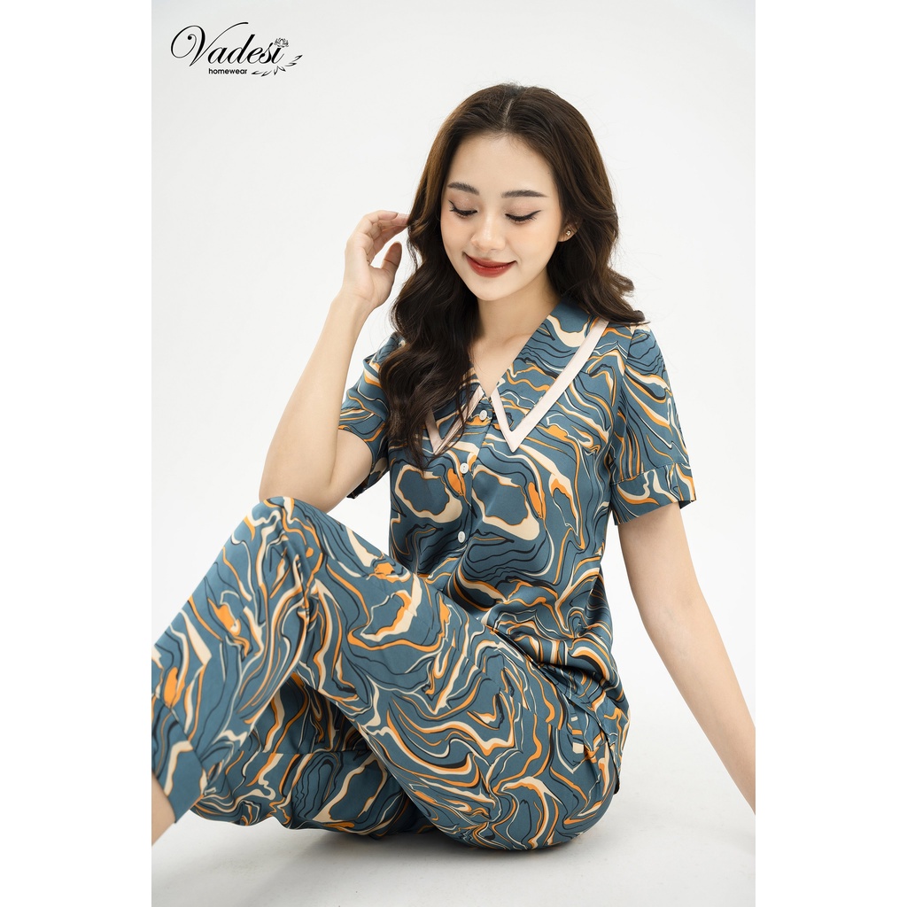 Đồ Bộ Ngủ Pijama Nữ VADESI Cổ Sen 2 Lớp Trẻ Trung Quần Dài Áo Cộc Lụa Cao Cấp Mặc Nhà Đẹp Mềm Mịn Thấm Hút Thoáng Mát