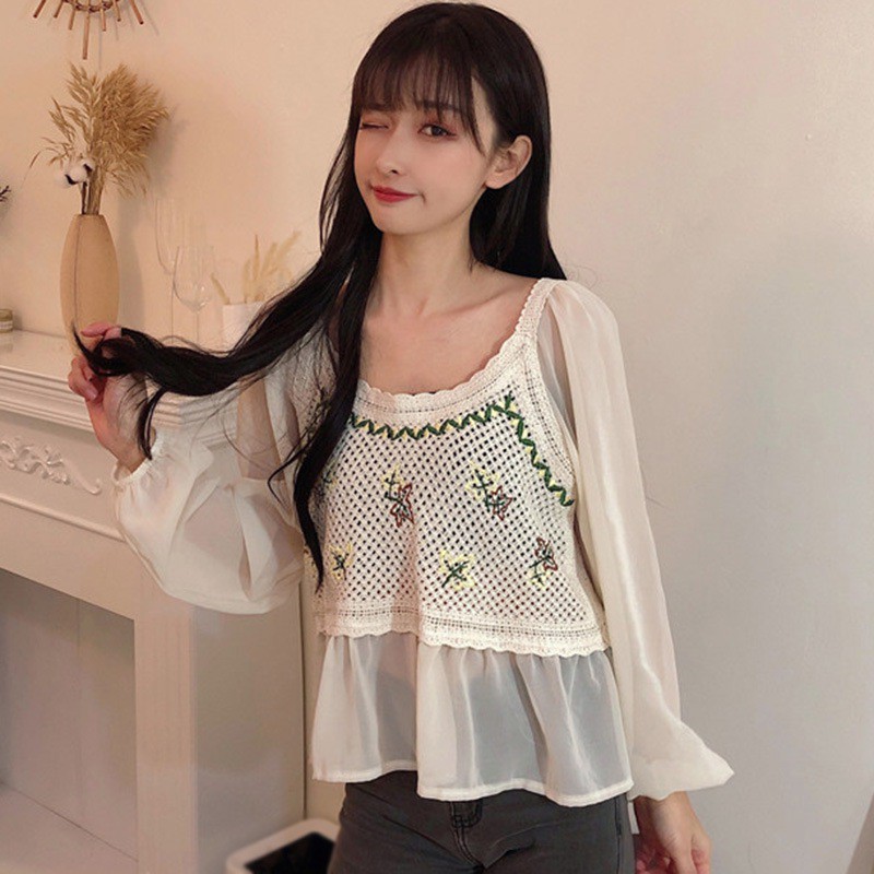 Áo Dệt Kim Nữ Tay Dài Phối Ren Thời Trang