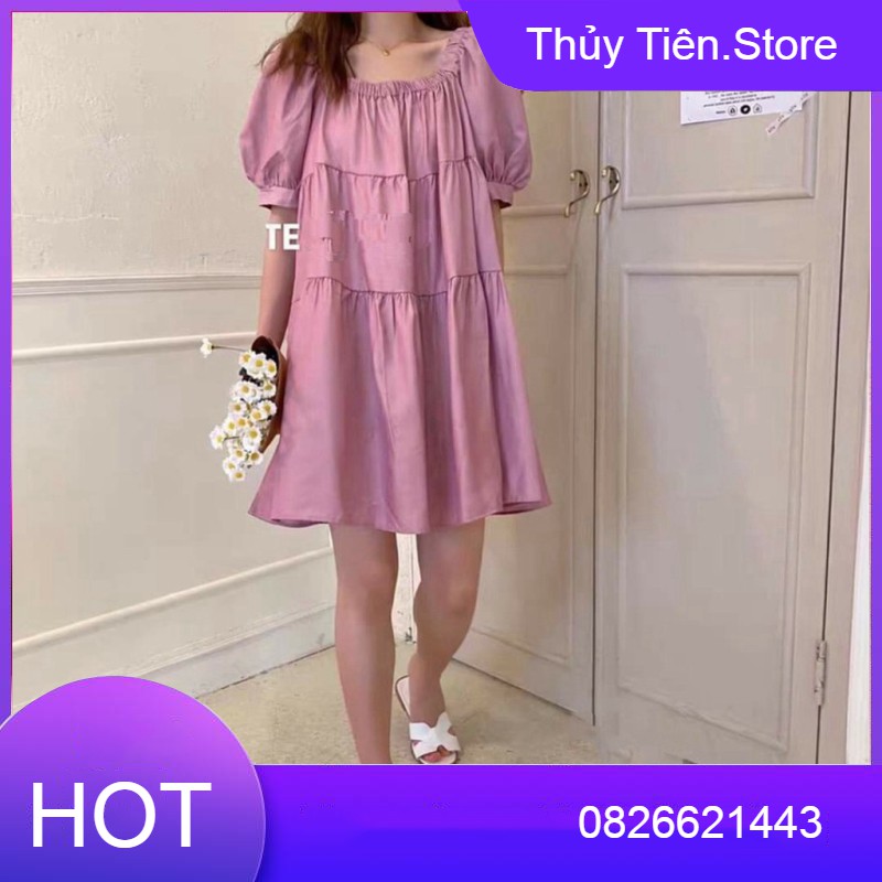 VÁY TRỄ VAI BABYDOLL TAY CHUN MÀU TÍM TRẮNG - ĐẦM CỔ VUÔNG BA TẦNG TRẮNG TÍM ULZZANG 💎 👗💝