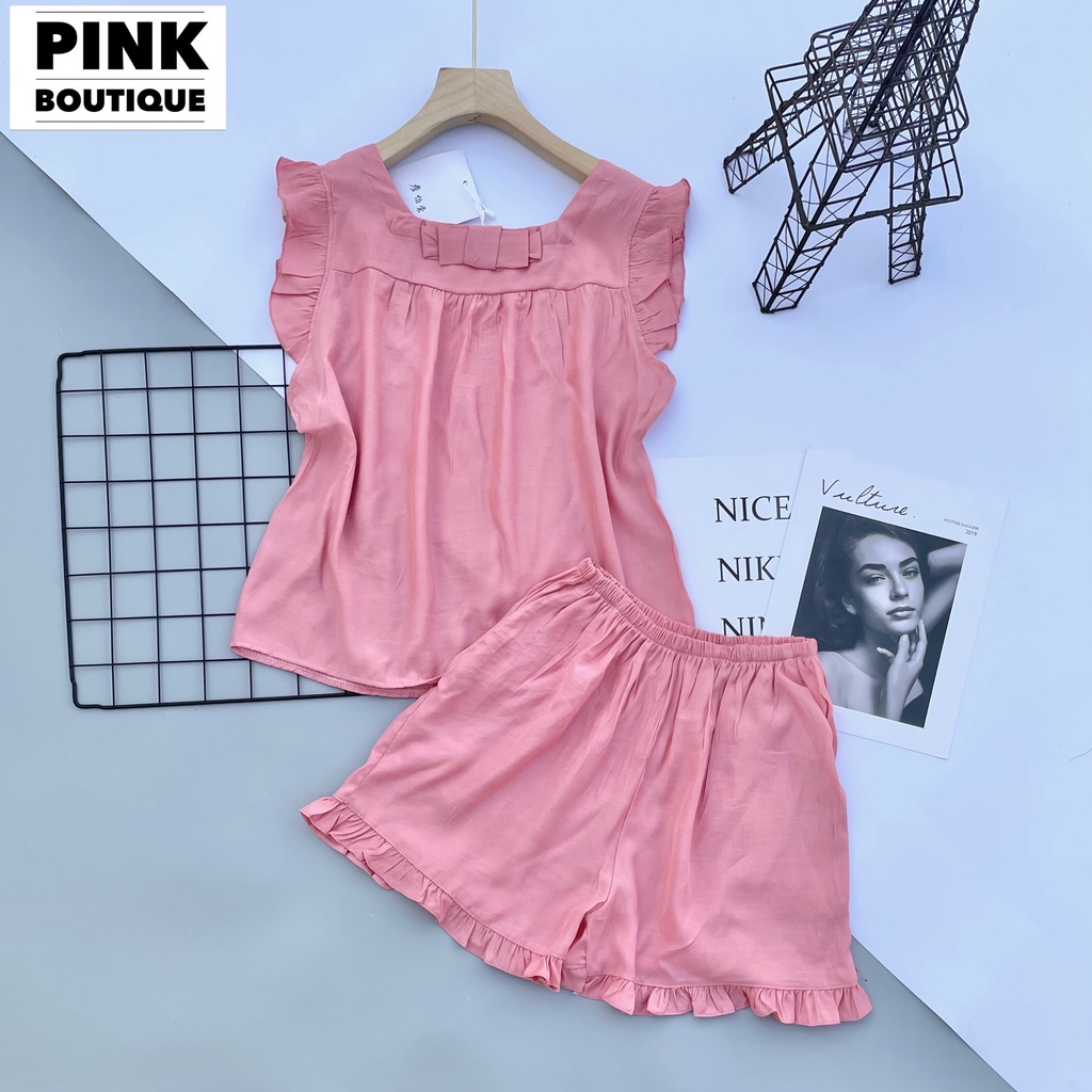 Đồ Bộ Đũi Nữ Mặc Nhà Ngủ Mùa Hè Áo Tay Cánh Tiên Quần Short Hàng Thiết Kế PINK BOUTIQUE