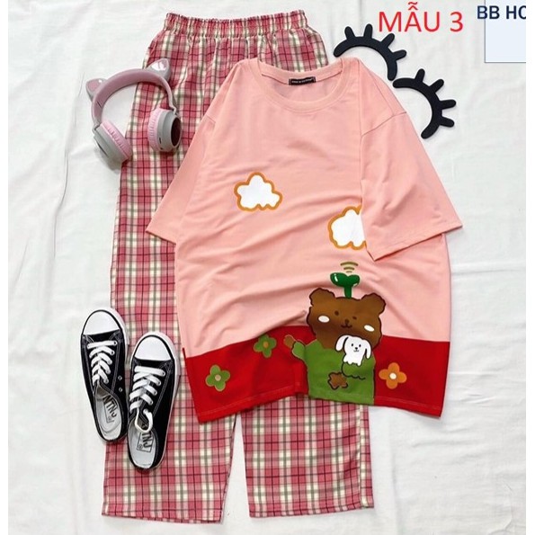 Sét Bộ Áo In Hình Cute Và Quần Kẻ Đẹp Mặc Mùa Hè, Mặc Ở Nhà, Áo Phông Cotton Mát Mịn Phong Cách Hàn Quốc